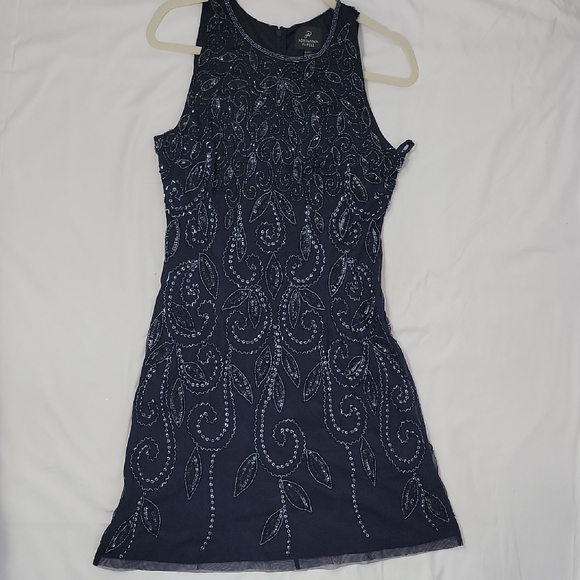Adrianna Papell Midnight Navy Blue Leaf Pattern Dress Zise 8 - Picture 1 of 7